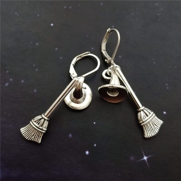 Tiny Antique Silver Witch Broomstick Lever Back Earrings Minimalist Halloween Je - Picture 3 of 4